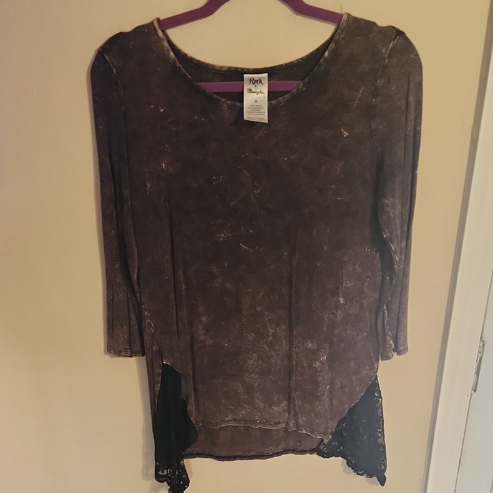Women's Brown Top with Black Lace Detail